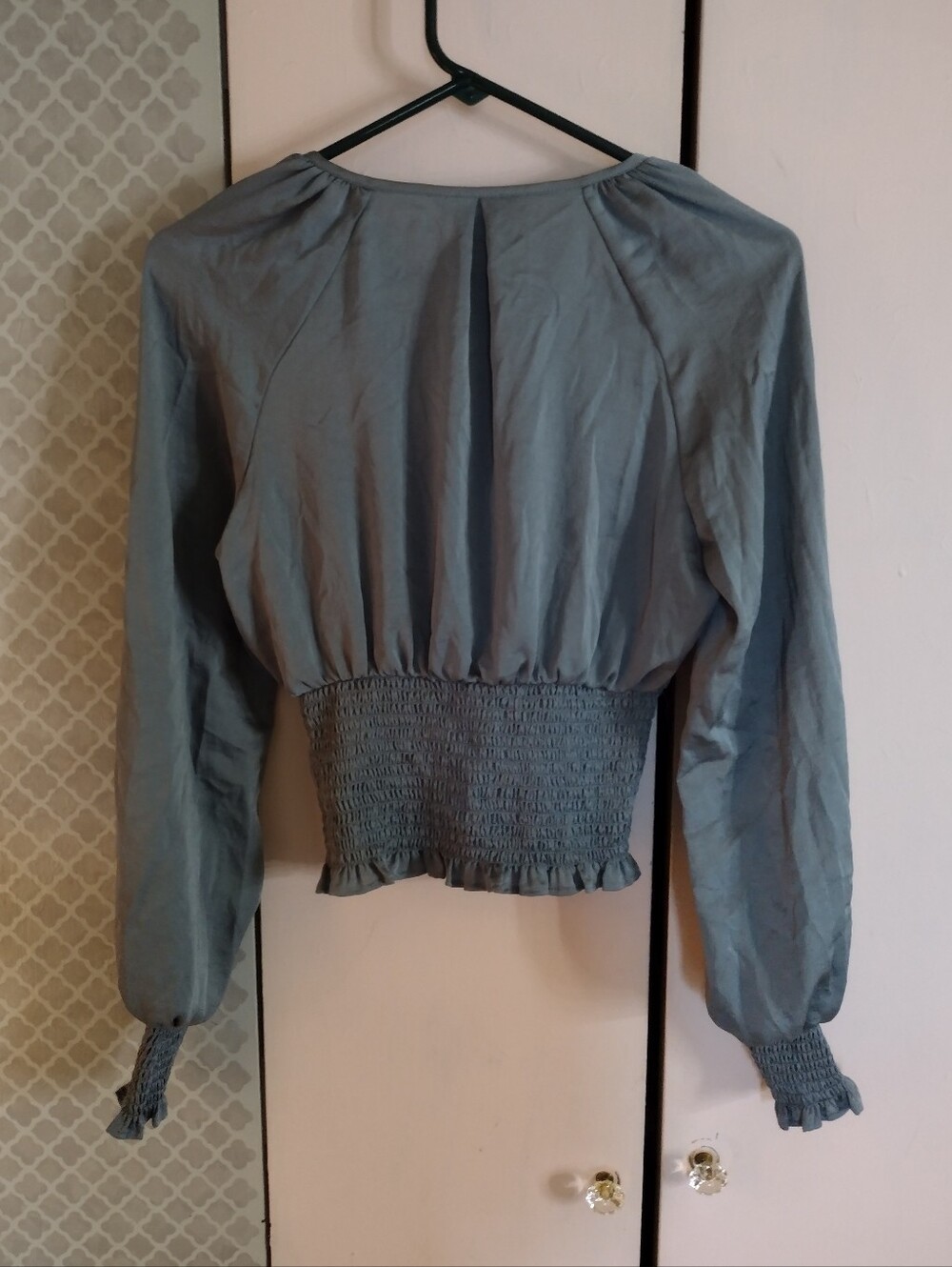 Express Women's Slate Gray Smocked Waist Wrap Blouse - Picture 2 of 3
